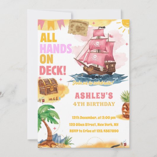 Pink Girl Pirate Theme Birthday invitation 招待状 (正面)