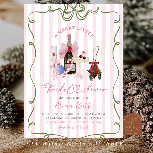Pink Girl Quirky Stripes Christmas Bridal Shower 招待状
