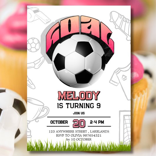 Pink Girl Soccer Ball Birthday Party Invitation 招待状