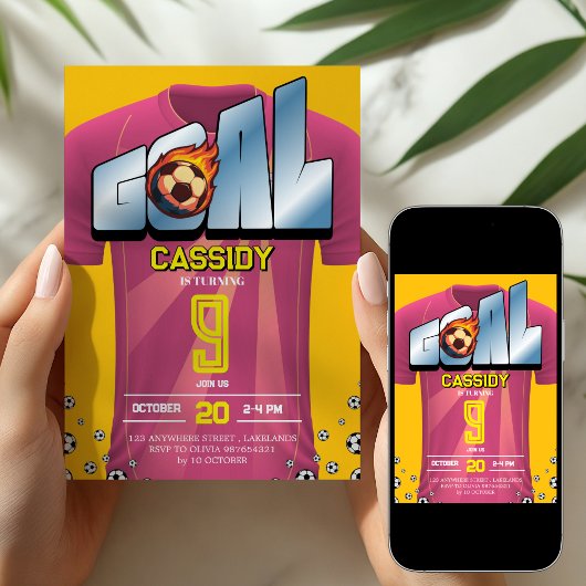 Pink Girl Soccer Shirt Birthday Party Invitation 招待状