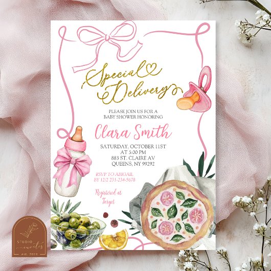 Pink Girl Special Delivery Italian Baby Shower 招待状