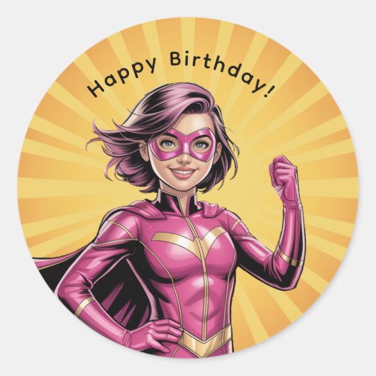 Pink Girl Superhero Birthday Party ラウンドシール (正面)