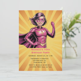 Pink Girl Superhero Birthday Party  招待状