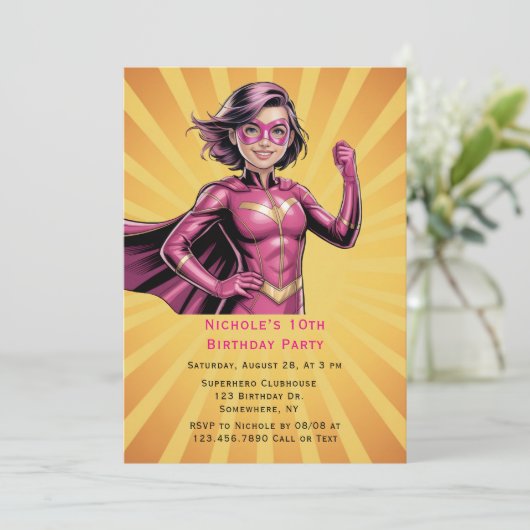 Pink Girl Superhero Birthday Party  招待状 (スタンド正面)