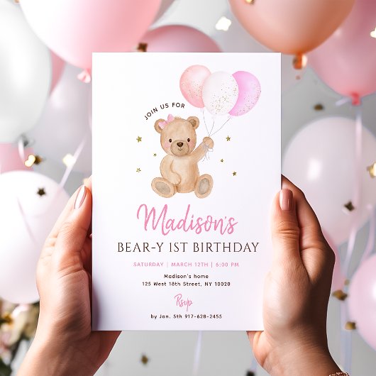 Pink Girl Teddy Bear Balloon First Birthday 招待状