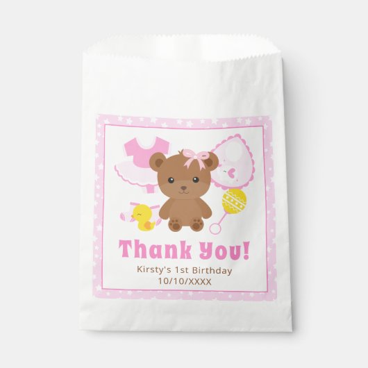 Pink Girl Teddy Bear Clothes Birthday フェイバーバッグ (正面)
