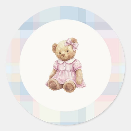 Pink Girl teddy bear sticker ラウンドシール (正面)
