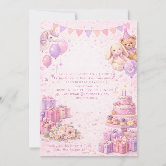 Pink Girl's First Birthday Party | 招待状 (裏面)