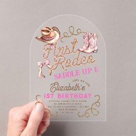 Pink Girls First Rodeo 1st Birthday アクリル招待状