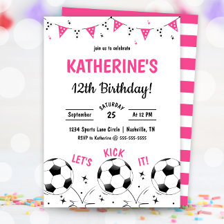 Pink Girls Soccer Party Birthday Invitation 招待状