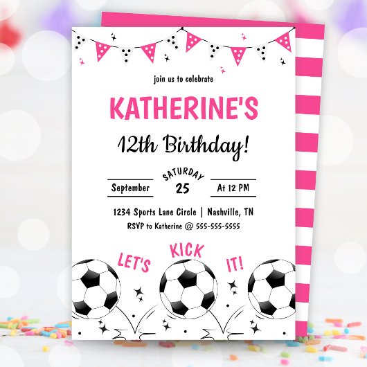 Pink Girls Soccer Party Birthday Invitation 招待状
