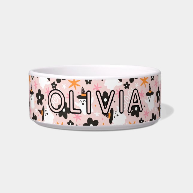 Pink Girly Ghosts Halloween Feeding Cat ボウル (正面)
