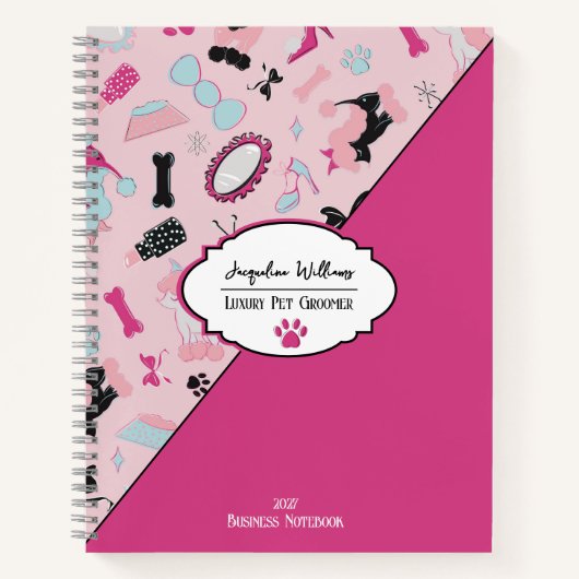 Pink Girly Mid-Century Pet Groomer ノートブック (正面)