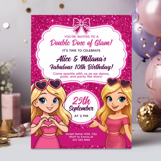 Pink Glam Birthday Invite for Twin Girls Sparkle 招待状