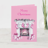 Pink Glam Christmas Stocking Fireplace カード (正面)