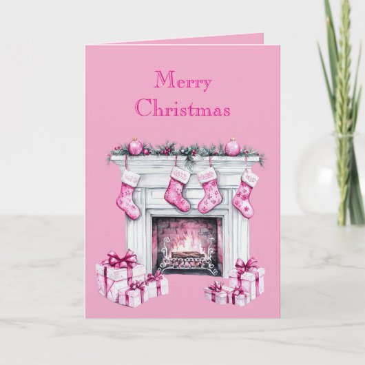 Pink Glam Christmas Stocking Fireplace カード (正面)
