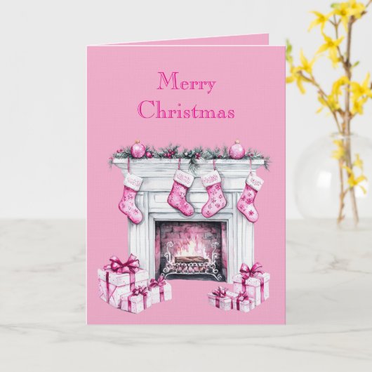 Pink Glam Christmas Stocking Fireplace カード (黄色い花)