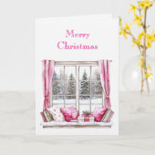 Pink Glam Christmas Trees Window カード (黄色い花)