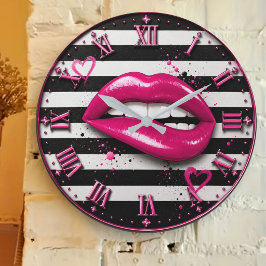 Pink Glam Lips Stripes Chic Fashion ラージ壁時計