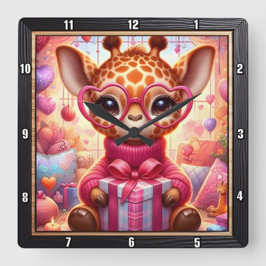 Pink Glasses Giraffe Valentine スクエア壁時計 (正面)