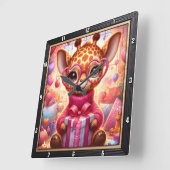Pink Glasses Giraffe Valentine スクエア壁時計 (傾斜)