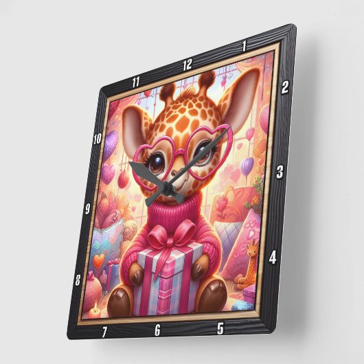 Pink Glasses Giraffe Valentine スクエア壁時計 (傾斜)