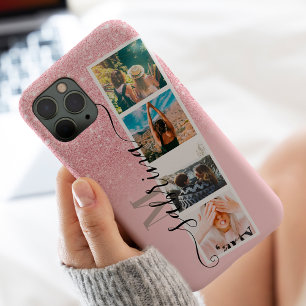 Pink glitter 4 photo grid collage name monogram iPhone 13 pro maxケース