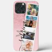 Pink glitter 4 photo grid collage name monogram Case-Mate iPhoneケース (裏面)