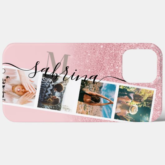 Pink glitter 4 photo grid collage name monogram Case-Mate iPhoneケース (裏面 (横))