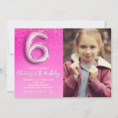 Pink Glitter 6th Birthday for Girl with Photo 招待状 (正面)
