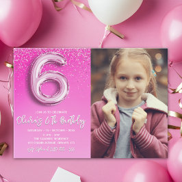Pink Glitter 6th Birthday for Girl with Photo 招待状