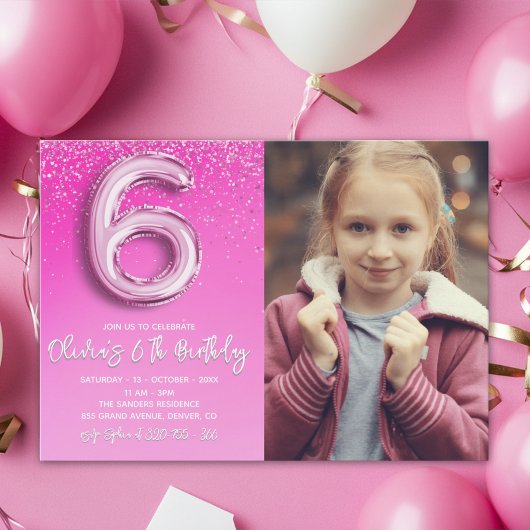 Pink Glitter 6th Birthday for Girl with Photo 招待状