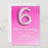 Pink Glitter Ballon Numer - 6th Birthday for Girls 招待状 (正面)