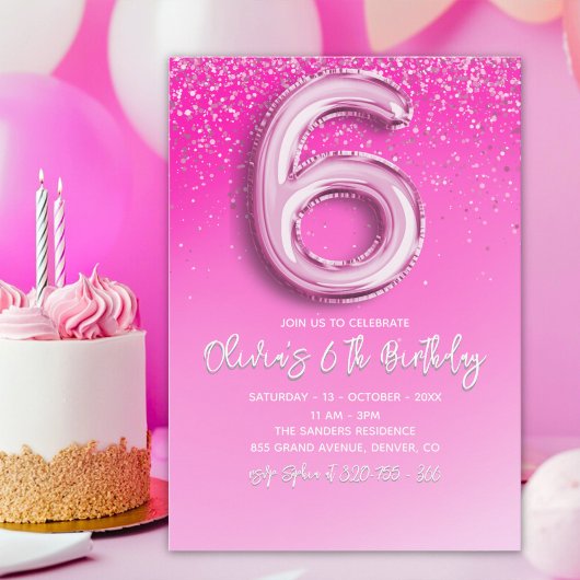 Pink Glitter Ballon Numer - 6th Birthday for Girls 招待状