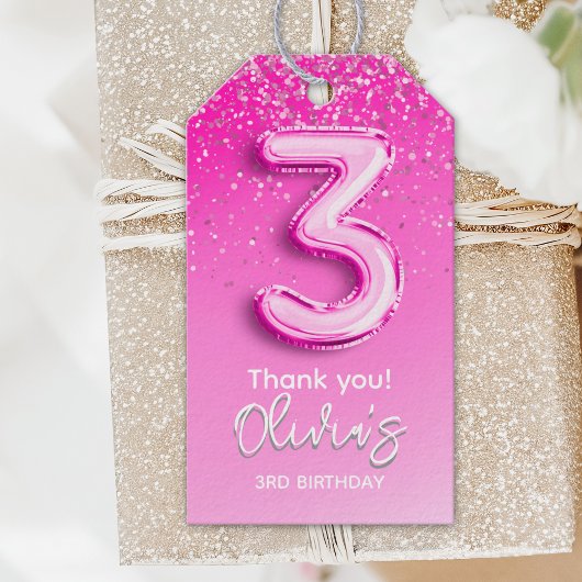 Pink Glitter Balloon 3rd Birthday for Girls ギフトタグ