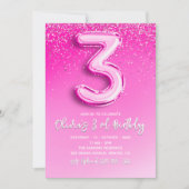 Pink Glitter Balloon 3rd Birthday for Girls 招待状 (正面)