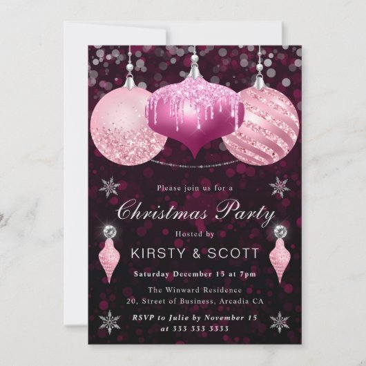 Pink Glitter Baubles Christmas Dinner Party 招待状 (正面)