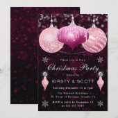 Pink Glitter Baubles Christmas Dinner Party 招待状 (正面/裏面)