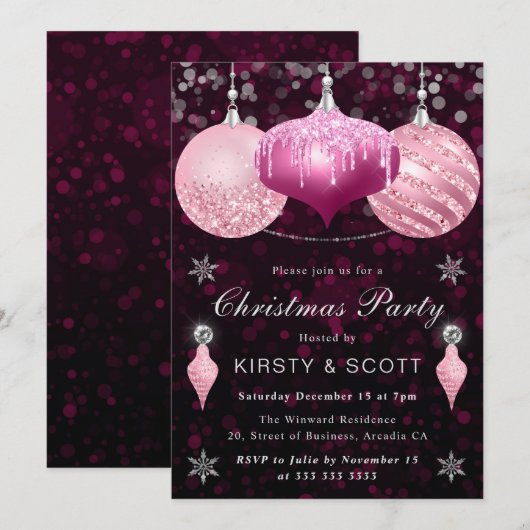 Pink Glitter Baubles Christmas Dinner Party 招待状 (正面/裏面)