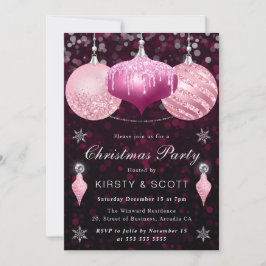 Pink Glitter Baubles Christmas Dinner Party 招待状