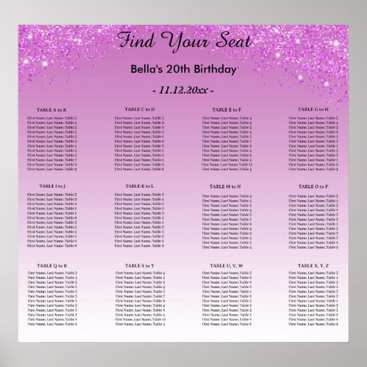 Pink Glitter Birthday Alphabetic Seating Plan ポスター (正面)