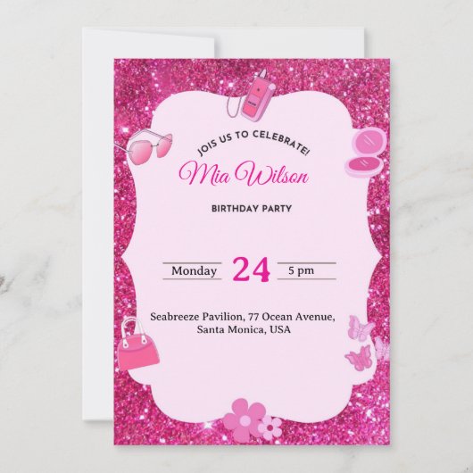 Pink Glitter Birthday Party Invitation for Girls 招待状 (正面)