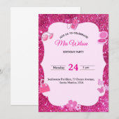 Pink Glitter Birthday Party Invitation for Girls 招待状 (正面/裏面)