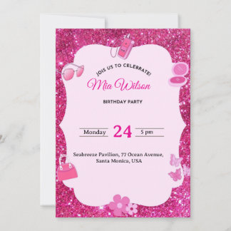 Pink Glitter Birthday Party Invitation for Girls 招待状