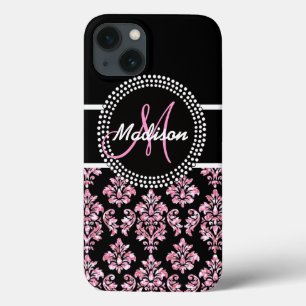 PINK GLITTER BLACK DAMASK YOUR MONOGRAM iPhone 13ケース
