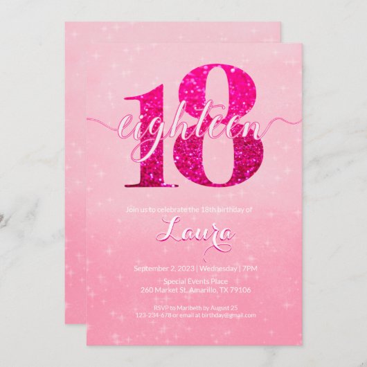 Pink Glitter Bliss 18th Birthday  招待状 (正面/裏面)