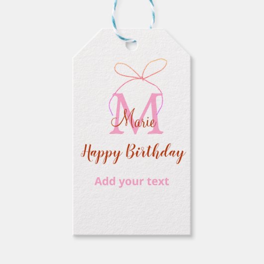Pink glitter bow add name letter monogram birthday ギフトタグ (正面)