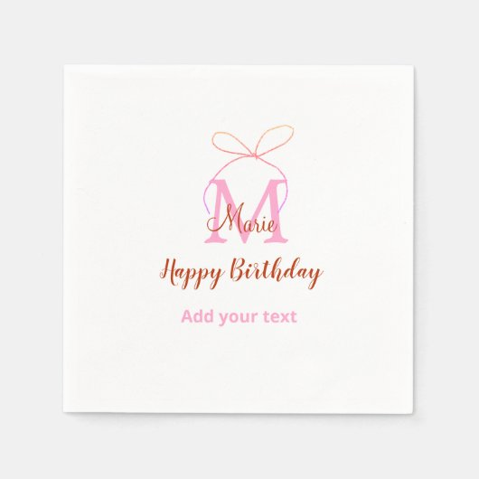 Pink glitter bow add name letter monogram birthday スタンダードカクテルナプキン (正面)