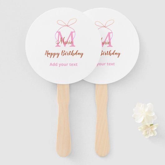 Pink glitter bow add name letter monogram birthday ハンドファン (正面&裏面)
