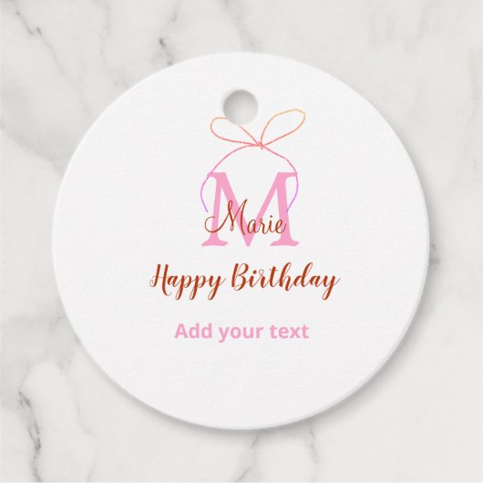 Pink glitter bow add name letter monogram birthday フェイバータグ (正面)